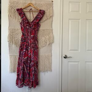 Caroline Constas Paisley Smocked Ruffle Midi Dress